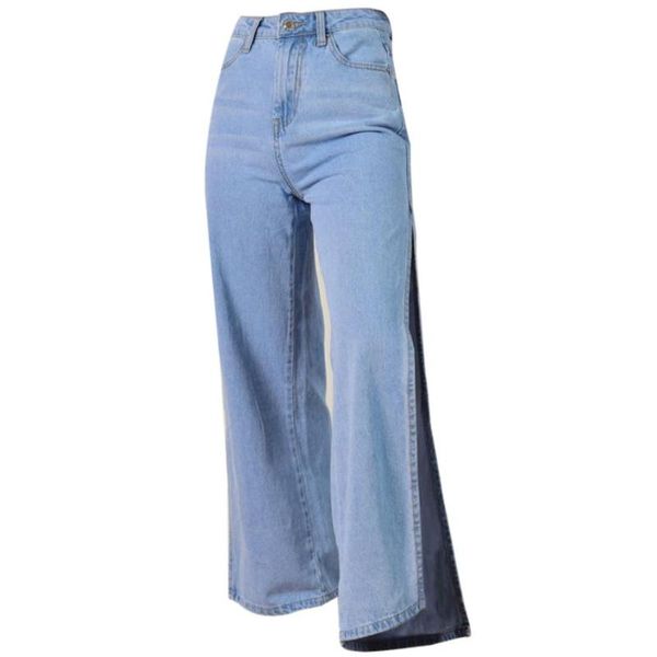 

fashion loose wide leg womens jeans split high waisted denim jeans casual bulift calf-length, Blue