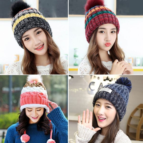 

women autumn winter bonnet soft thick warm crochet knitted beanie faux fur pom pom hats fashion outdoor skullies beanies hat, Blue;gray