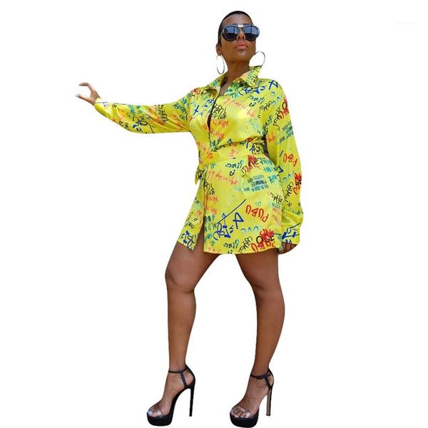 

yellow color lapel neck long sleeve relaxed dresses causal women dresses with sahses graffiti printed women shirt dresses fashion, Black;gray