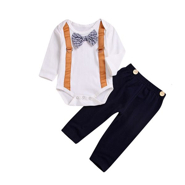 

fashion lovely baby 2pcs toddler baby long sleeve bowknot gentleman romper jumpsuit+pants set outfit z0129, White