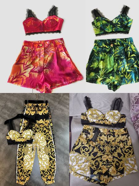 

baroque palace style retro printing strapless tube + elastic pants suit, White