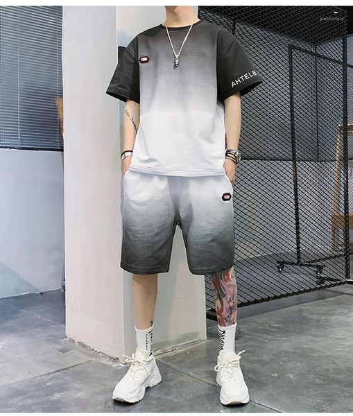 

2pcs sets fashion letter mens clothig with pockets gradient mens designer tracksuits loose short sleeve shorts mens, Gray