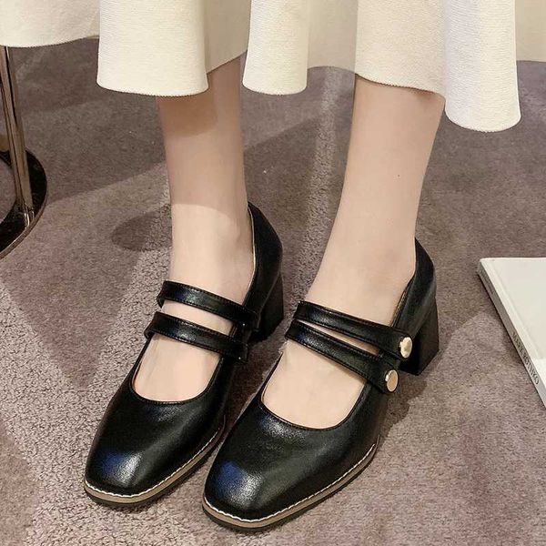 

fashion double buckle square heels pumps women black square toe office shoes woman waterproof pu leather shallow shoes