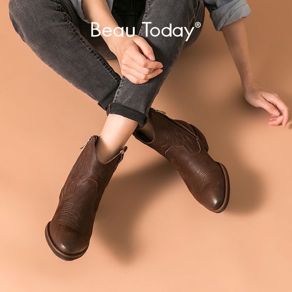 

boots beautoday western women genuine cow leather ankle booties pointed toe sewing block heel ladies shoes handmade 03290, Black