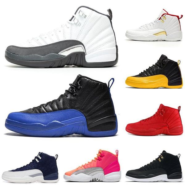 

university gold 12s basketball shoes 12 dark grey game royal punch reverse taxi wings playoffs mens trainers sports sneakers 7-13, Black