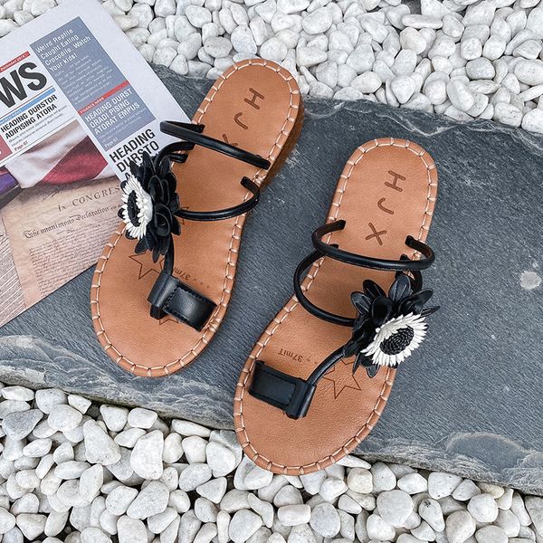

2020 горячие продажи женщина тапочки наборы toes удобный плоский кожаный цветы гладиатор лето sandal женская обувь, Black