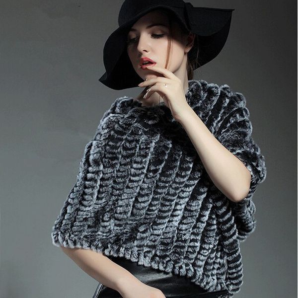 

wholesale women knitted real fur shawl fashion lady fur poncho autumn winter ing, Blue;gray
