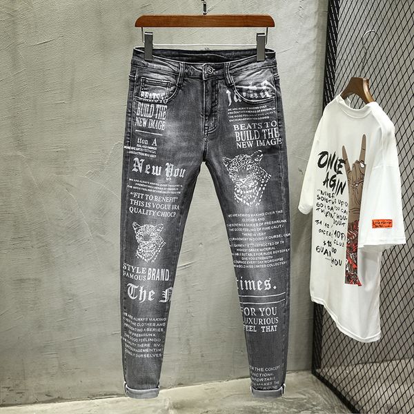 

original design new european and american mens elastic feet black jeans printed letter slim-fit fashion pants 895-1, Blue