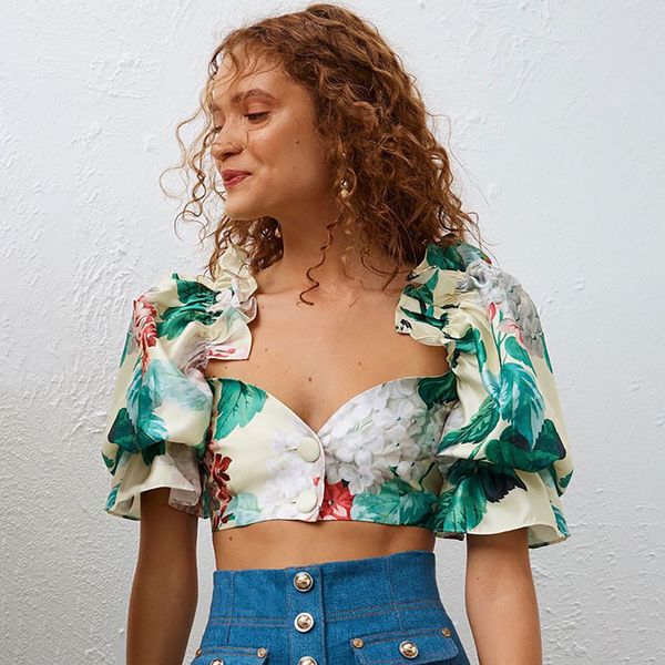 

fashion print style puff ruffle sleeve crop shirts sweetheart neckline girl women tee shirt blouse, White