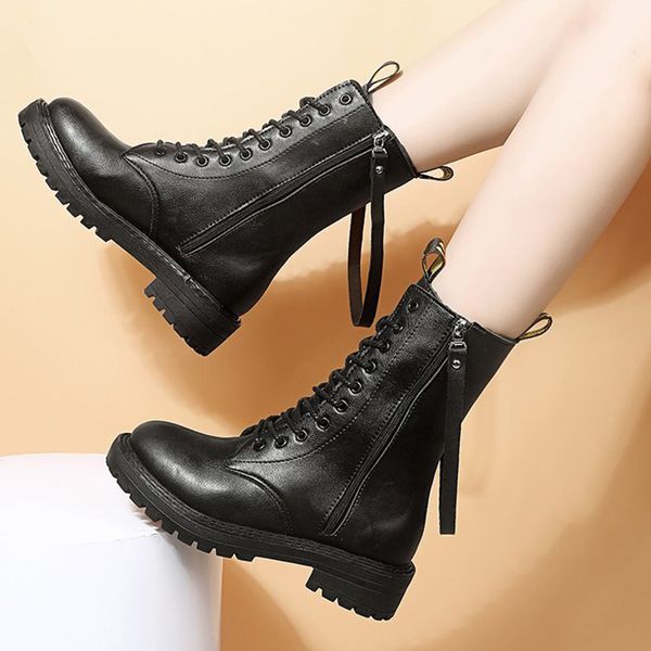

women boots mid calf ladies shoes fashion pu leather autumn winter chunky zipper non slip motorcycle shoe plush warm woman 2020, Black
