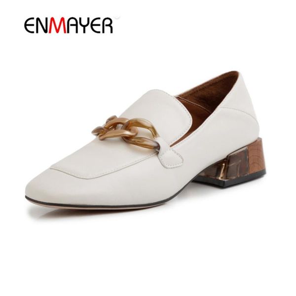 

enmayer high heels women pumps natural genuine leather thick heel real leather square toe shoes ladies size 33-40 loafers shoes, Black