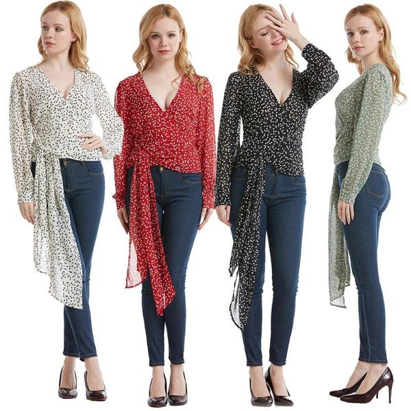 

women fashion v neck heart print waist lace up long sleeve shirt blouse, White