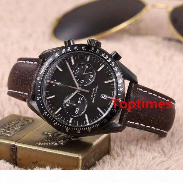 

men watch luxury master moonwatch black coated nylon fabric strap foldover clasp 44 mm vintage quartz chronograph speed watches wristwatch, Slivery;brown