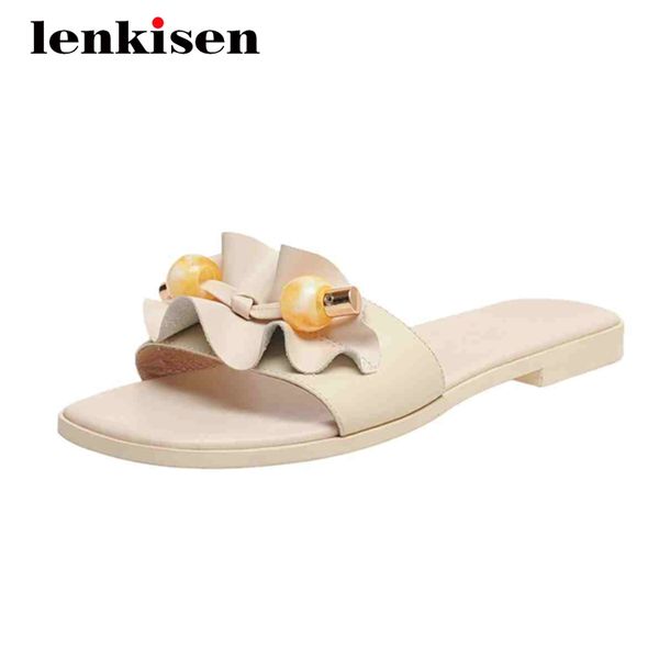 

slippers lenkisen ruffles pendant full grain leather outside shoes beauty lady daily wear sweet girls women slipper l93, Black