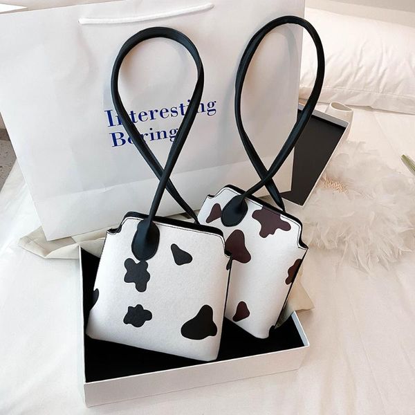 

casual cow dots printed women handbag totes portable female lady pu leather bucket shoulder bag