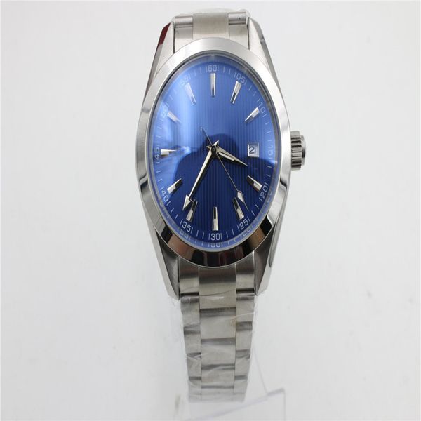 

blue dial automatic silver stainless belt watches silver stainless pointer watch fashion mens watches glass back sport watch, Slivery;brown
