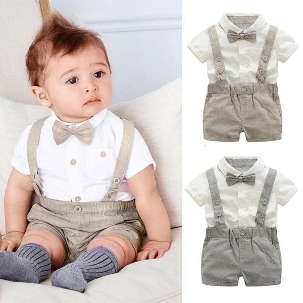 

kids baby boys summer gentleman bowtie short sleeve shirt+suspenders shorts set super cute stylish cotton august 9, White