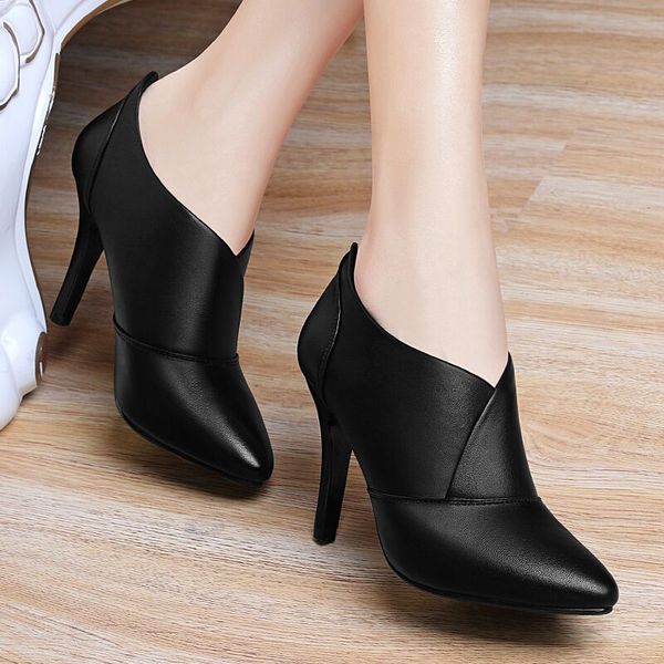 

dress shoes spring and autumn pointy brogue waterproof platform high-heeled deep-mouth leather british four seasons, Black