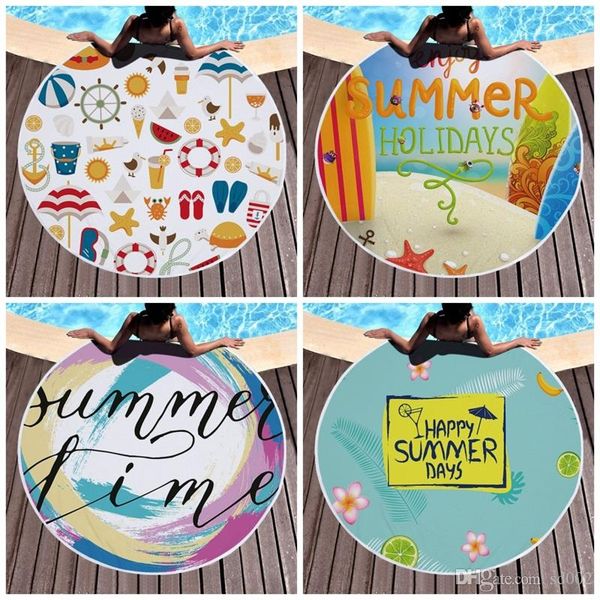 

fashion tassel picnic towel round shape letter drinks printing happy summer days fringe beach towels comfortable table cloth 150cm 26ql e19