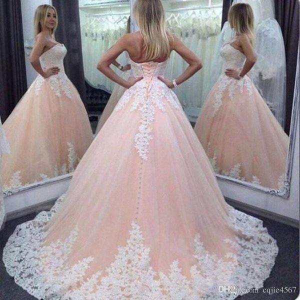 

2019 New Quinceanera Ball Gown Dresses Sweetheart Pink White Lace Appliques Long Sweet 16 Plus Size Party Prom Evening Gowns 584