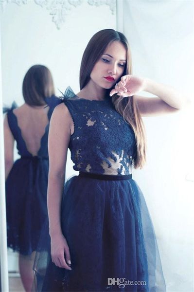 

lace cocktail dresses bateau neck open back tulle knee length prom party homecoming arabic dresses, Black