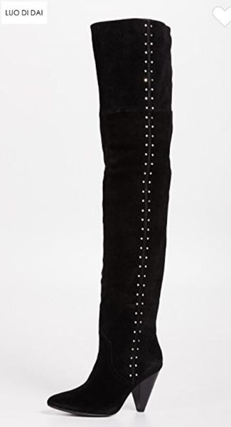 

2020 new winter women thigh high boots over knee booties spike heel suede leather boots ladies point toe spike stud, Black