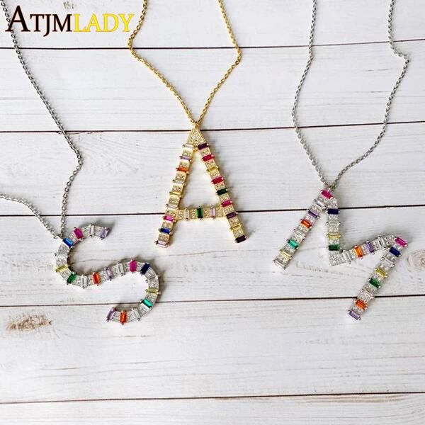 

2020 selling wholesale name letter necklace rainbow cz initials big alphabet long a to z pendant women gorgeous jewelry, Silver