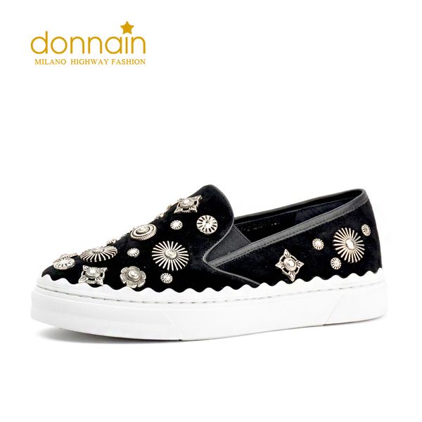 

donnain autumn comfortable kid suede slip on loafers for women flower rivets low black flats handmade casual lazy shoes