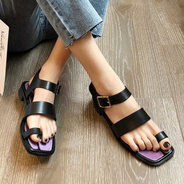 

tabi ninja sandals women open toe buckle narrow band gladiator sandalias mixed color square toe slippers split flats sandale, Black