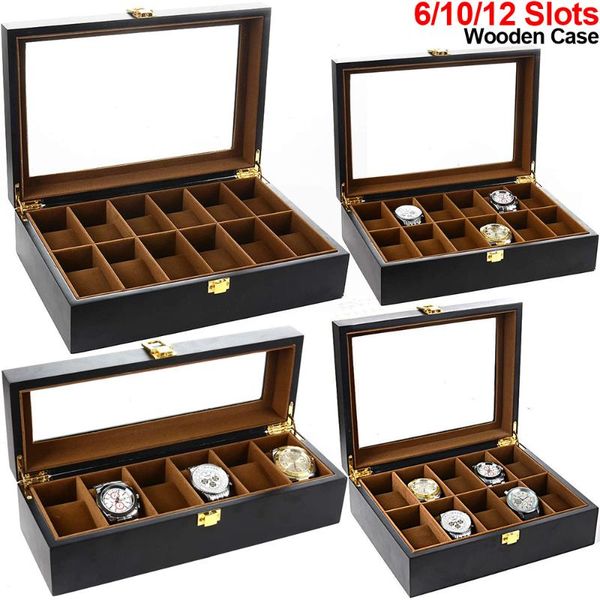 

6/10/12 Slots Watch Box Case Wooden Watch Organizer Glass Top Display Brown Inner Holder Watches Storage Box Case Men Gift, Black;blue