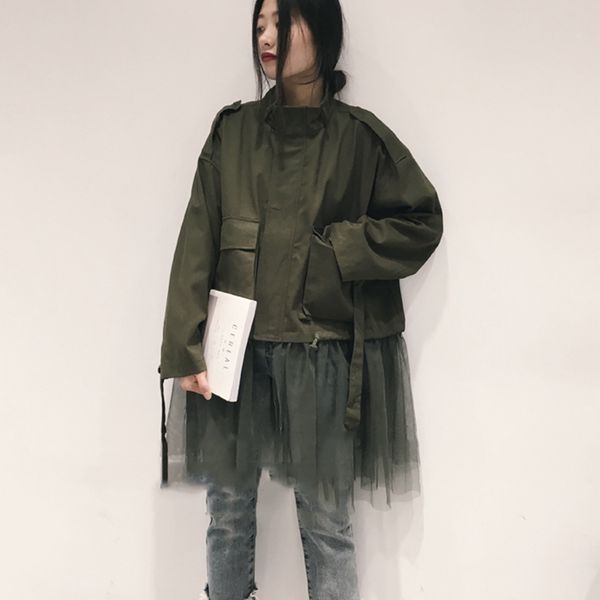 

deat] loose fit mesh spliced oversized ribbon pocket jacket new lapel long sleeve women coat fashion tide spring 2020 13r053, Black;brown