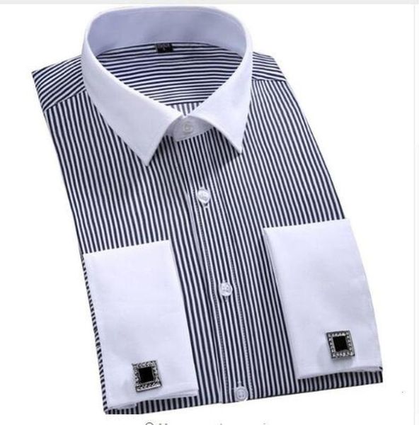 

men's luxury french cuff striped dress shirts patchwork plaid long sleeve button down slim fit formal shirt camisa masculina, White;black