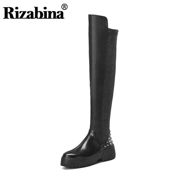 

rizabina women rivet over the knee boots flats platform real leather winter boots thick sole woman shoes footwear size 34-39, Black