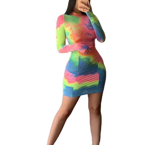 

yoga outfits 2021 summer women's dress temperament slim short skirt creative tie-dye long sleeve half high collar dating shopping, White;red