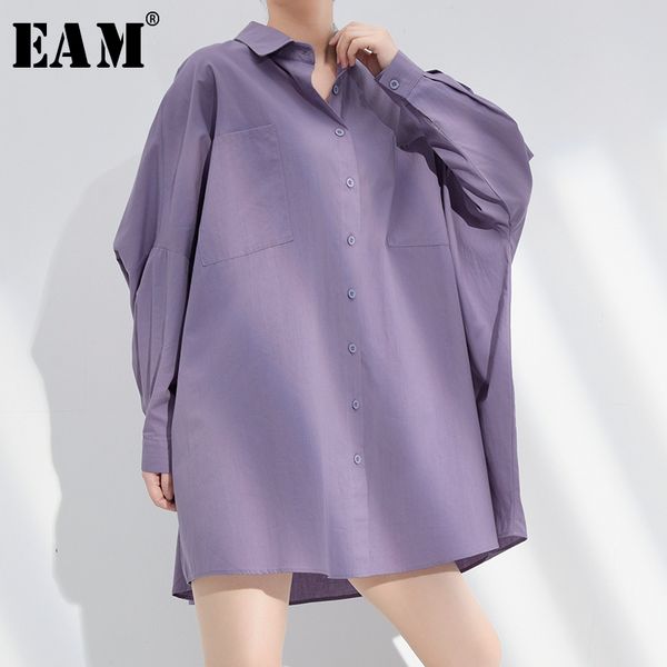 

eam] women purple brief oversized long blouse new lapel long sleeve loose fit shirt fashion tide spring autumn2020 1w78714, White