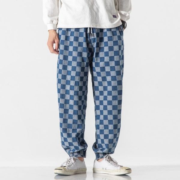 

2020 autumn winter new male pencil pants vintage jeans men full length loose fashion plaid elastic waist cowboy trousers y3367, Blue