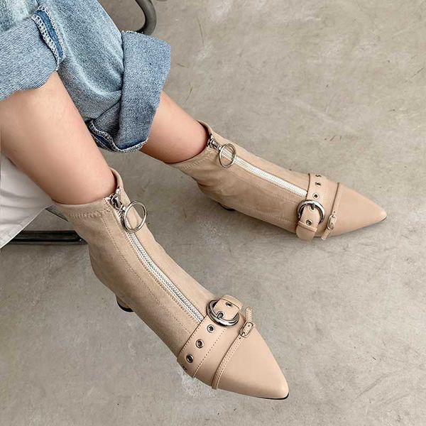 

2020 autumn winter new vintage pointed chunky heel boot for women skinny boot leather elastic chunky heel x490, Black