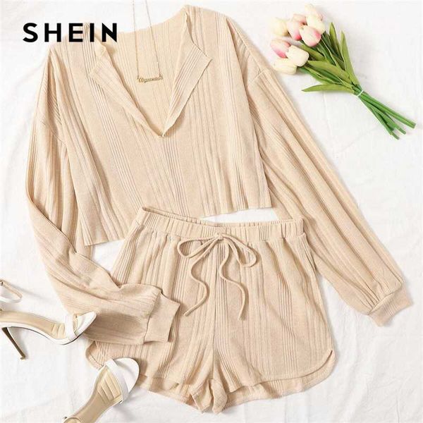 

shein apricot drop shoulder notched neck and shorts set women autumn long sleeve crop tee solid casual two piece sets, Gray