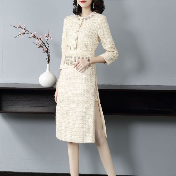 

elegant autumn tweed dress women diamonds slim fit wrap twill dresses office ladies brand vintage bodycon crystal party dress, Black;gray