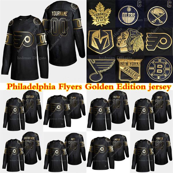 

philadelphia flyers golden edition jersey 79 carter hart 13 kevin hayes 28 claude giroux 11 konecny custom any number any name hockey jersey, Black;red