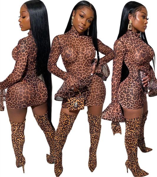 

fashion women dress leopard print grenadine see through dresses long mandarin sleeve turtleneck one-piece skirt autumn bodycon dress clothes, White
