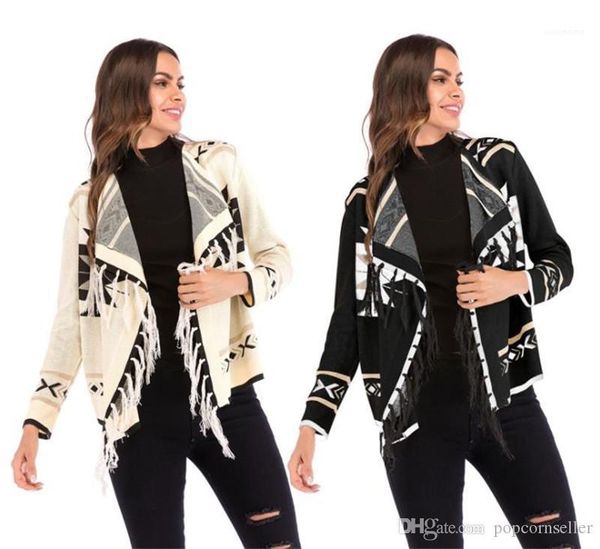 

womens clothes women designer winter jacket fashion casual tassel geometric printed panelled open stitch designer long sleeve, Black;brown