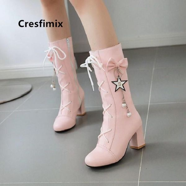 

cresfimix women classic pink plus size 34 to 43 high heel boots lady cool black autumn boots winter a6067