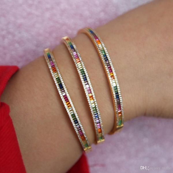 

colorful cz rainbow baguette cubic zirconia luxury hand bangle bracelet for lady women gorgeous trendy jewelry fashion, Golden;silver