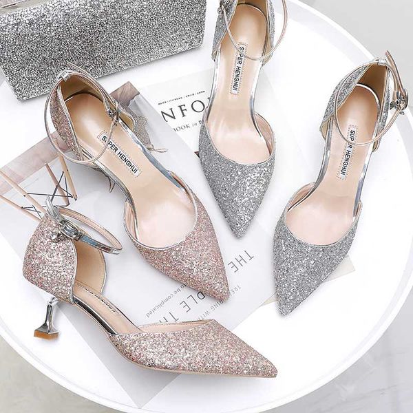 

wed2020 wedding decent sequined high-heeled pointed stiletto women's single shoes hollow buckle banquet bride, Black