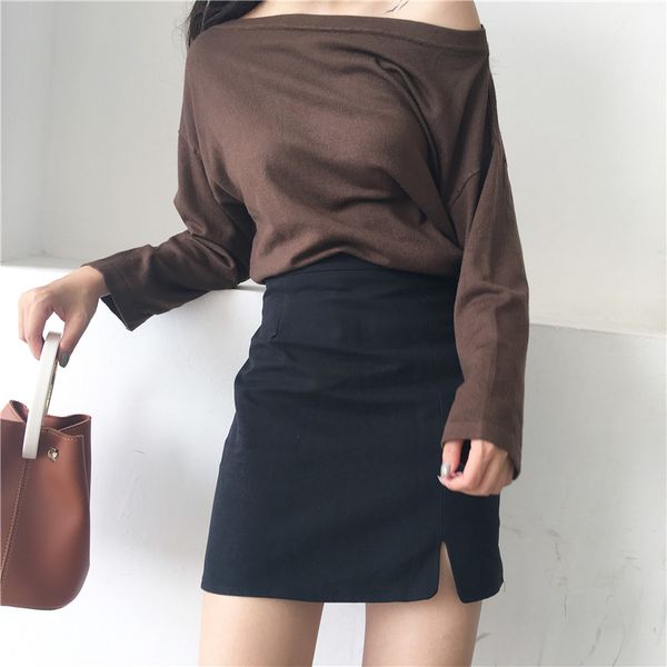 

autumn korean a line waist hong kong fashion one-step skirt split stretch slim short skirt waist harajuku high, Black