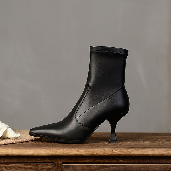 

slion -on ladies wedding ankle boots elegant autumn and winter shoes for women genuine leather high heels boots size 41 42 43, Black