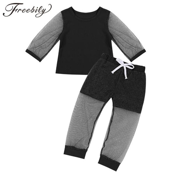 

2pcs children's sports suit kids girls tracksuit outfits 3/4 sleeve crop t-shirts with glittery mesh splice pants casual set, Black;blue