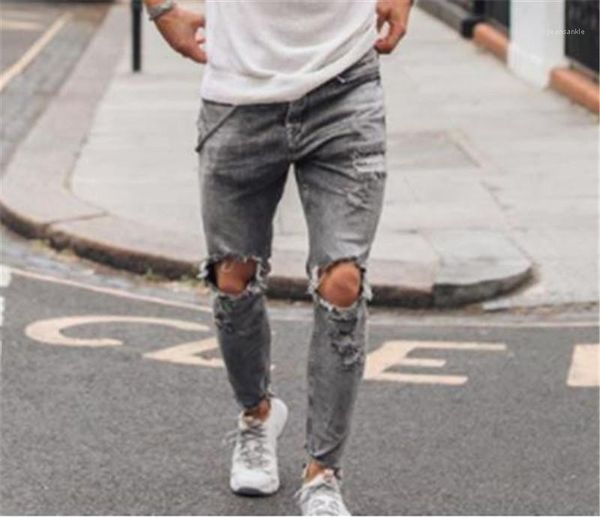 

selling ripped knees and grey legs popular pants small leg jeans males apparel mens designer jeans, Blue