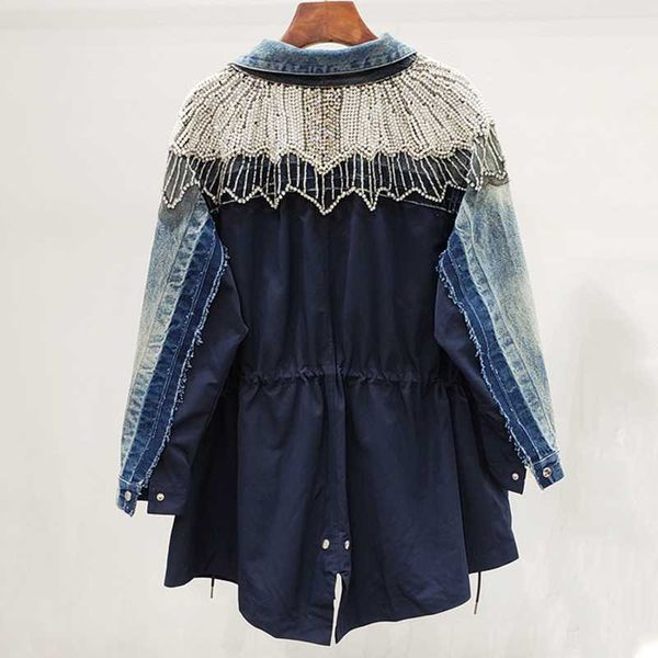 

new fashion 2020 spring contrast color pearl rhinestone drawstring lapel long sleeve loose denim coat windbreaker female w499, Tan;black